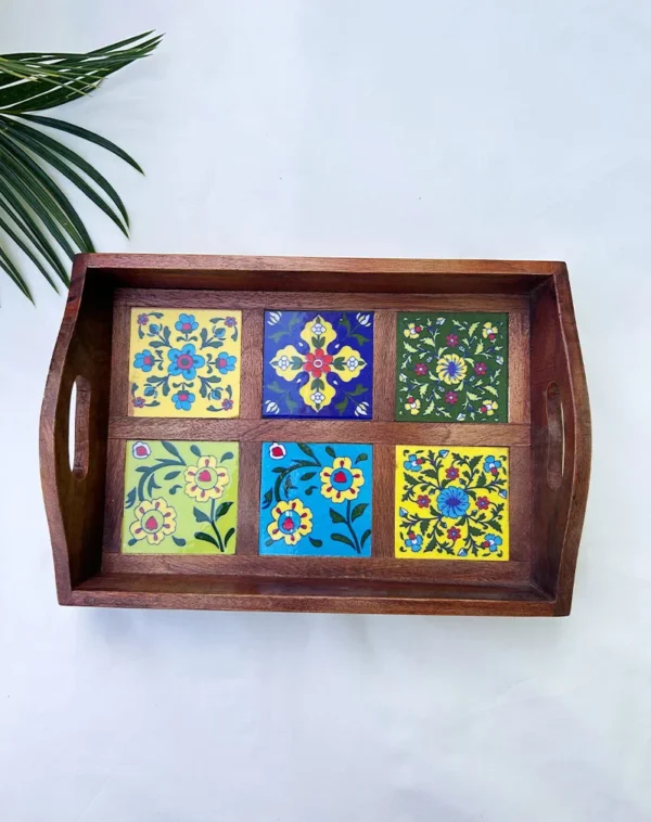 HANDCRAFTED MULTICOLOUR CERAMIC TILE WOODEN SERVING TRAY | FLORAL MOSAIC DESIGN | 6 TILE TRAY
