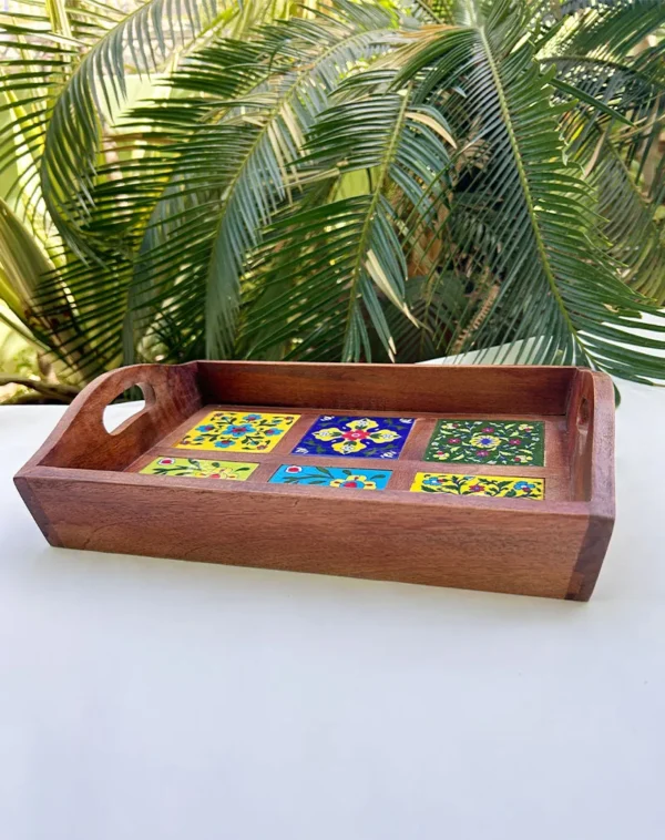 HANDCRAFTED MULTICOLOUR CERAMIC TILE WOODEN SERVING TRAY | FLORAL MOSAIC DESIGN | 6 TILE TRAY - Image 3