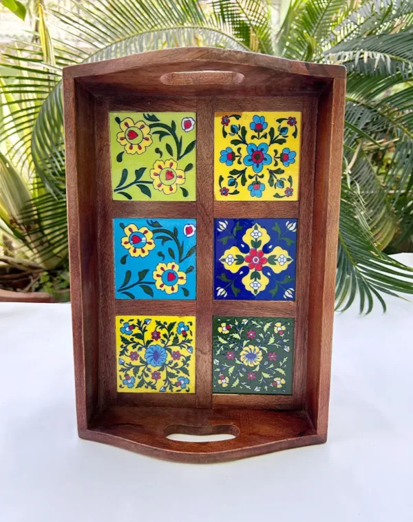 HANDCRAFTED MULTICOLOUR CERAMIC TILE WOODEN SERVING TRAY | FLORAL MOSAIC DESIGN | 6 TILE TRAY - Image 2