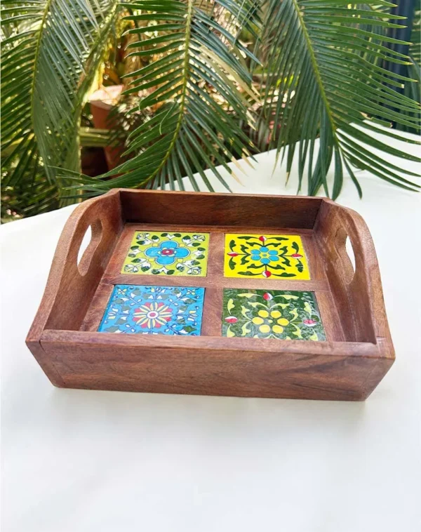 HANDCRAFTED MULTICOLOUR CERAMIC TILE WOODEN SERVING TRAY | FLORAL MOSAIC DESIGN | 4 TILE TRAY