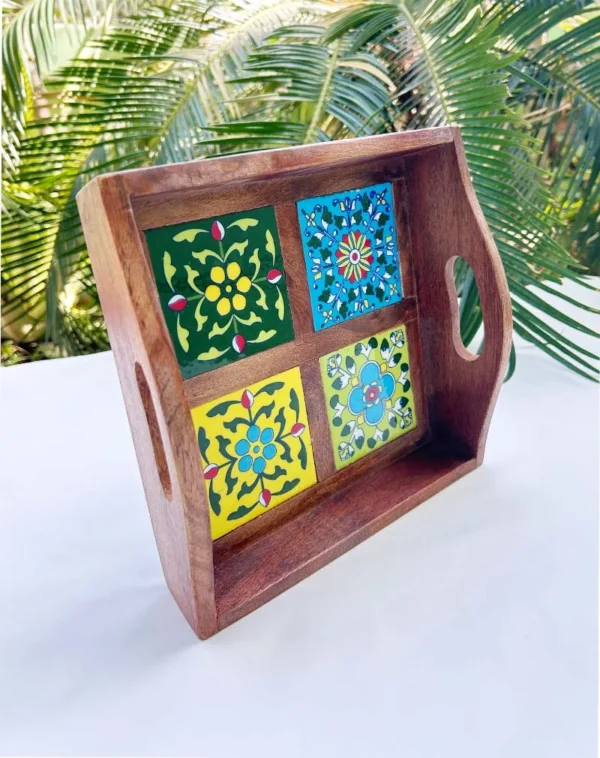 HANDCRAFTED MULTICOLOUR CERAMIC TILE WOODEN SERVING TRAY | FLORAL MOSAIC DESIGN | 4 TILE TRAY - Image 2