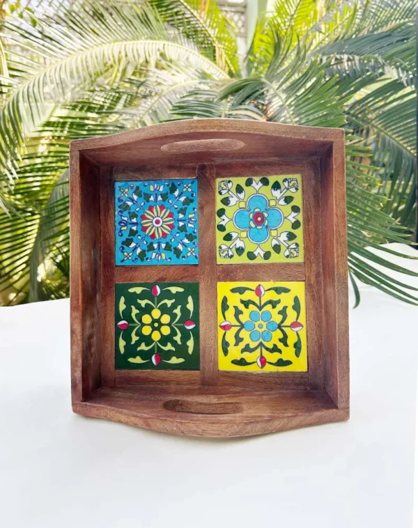 HANDCRAFTED MULTICOLOUR CERAMIC TILE WOODEN SERVING TRAY | FLORAL MOSAIC DESIGN | 4 TILE TRAY - Image 3