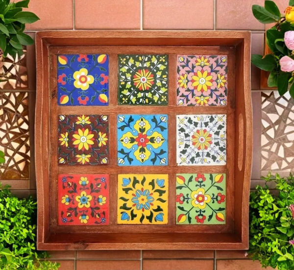 HANDCRAFTED MULTICOLOUR CERAMIC TILE WOODEN SERVING TRAY | FLORAL MOSAIC DESIGN | RECTANGULAR (9 TILE TRAY) - Image 5