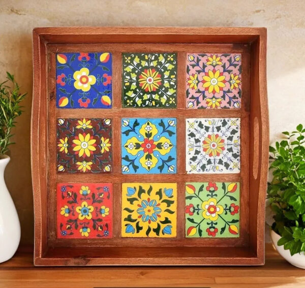HANDCRAFTED MULTICOLOUR CERAMIC TILE WOODEN SERVING TRAY | FLORAL MOSAIC DESIGN | RECTANGULAR (9 TILE TRAY)