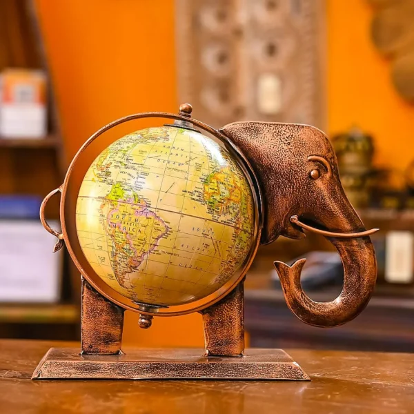 HANDCRAFTED METAL ELEPHANT GLOBE | ANTIQUE COPPER FINISH | WORLD MAP DECOR BY INDUNE LIFESTYLE