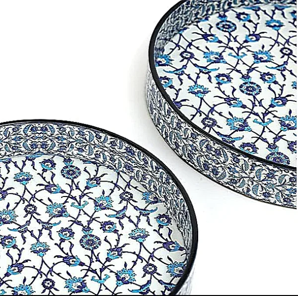 HANDCRAFTED BLUE POTTERY LOOK TRAYS | ROUND MDF WOOD | SET OF 2 - Image 5