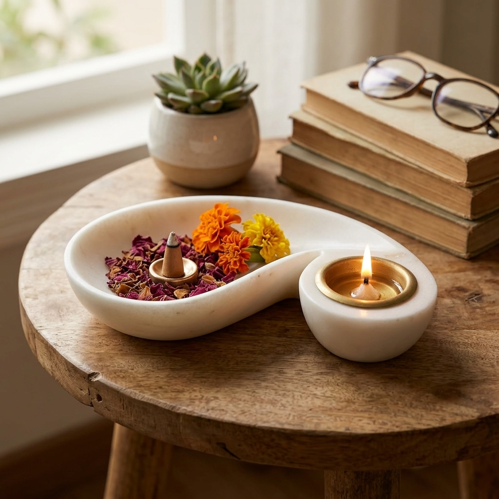 White Marble Curved Yin-Yang Bowl With Tea Light