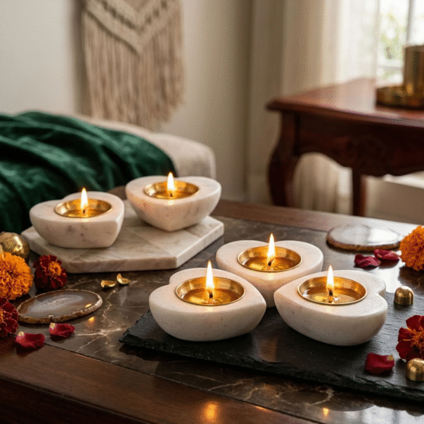 Clover Heart Marble Tealight Holder / Diya Set 5