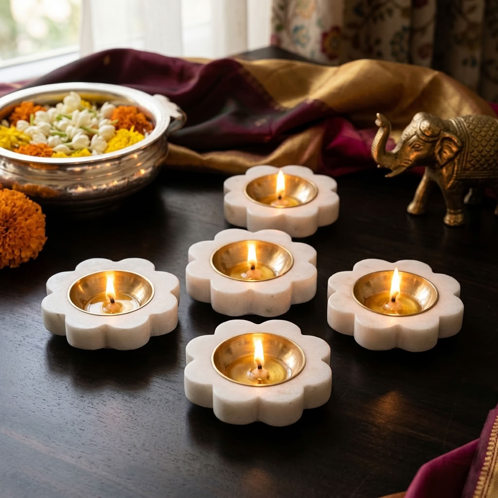 Daisy Bloom Marble Tealight Holder / Diya Set of 5