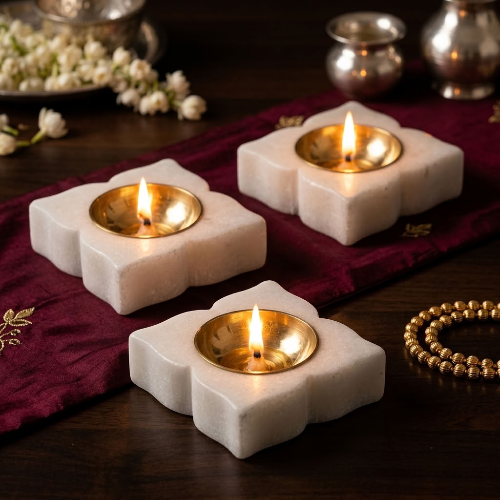 Ornamental Quatrefoil Marble Tealight Holder / Diya Set of 3