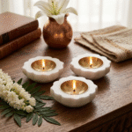Rounded Flower Marble Tealight Holder / Diya Set of 3
